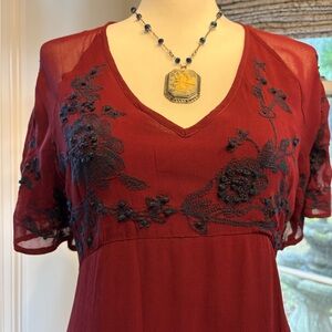 Maeve embroidered chiffon dress burgundy and navy blue